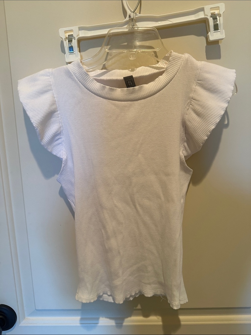Alya White Ribbed Flutter Sleeve Top